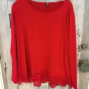 Red Lace Hem Women's Top  beautiful lipstick, red color size XL long sleeve top